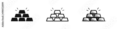 Gold Bar Reserve Icon Set - Shiny Stacked Bullion Vector Illustration