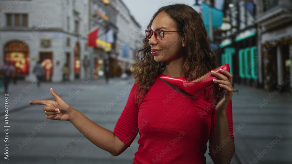 Fototapeta premium Woman holding red high heel shoe points finger to left on street, smiling in red top and glasses; confidence shopping joy.