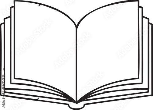Open a blank book with white pages and a black outline, simple line art illustration for creative concepts