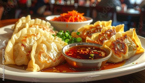 Golden Brown Pan-Fried Dumplings with Dipping Sauce and Garnish, A Savory Asian Appetizer Ready to Enjoy