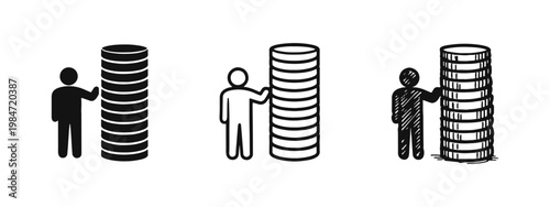 Wealth Accumulation Icon Set - Person with Stack of Coins Vector Graphic