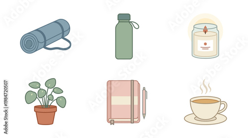 Person practices yoga with a water bottle nearby on a serene outdoor setting with a plant and journal