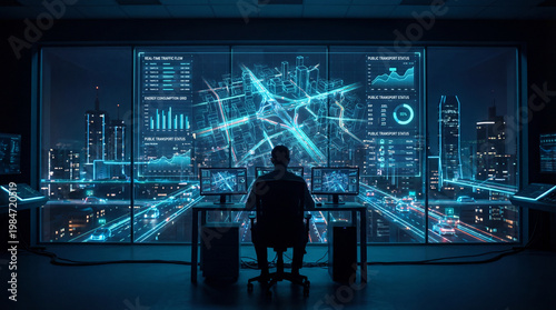 A professional monitors complex data visualizations and city infrastructure on a large screen, symbolizing smart city management, cybersecurity, or urban planning.