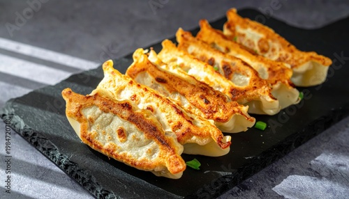 Golden brown pan-fried gyoza dumplings showcasing perfectly crisp bottoms arranged on a dark slate plate, a delicious Asian appetizer.
