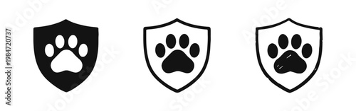 Pet Insurance Icon Set - Animal Paw Print and Shield Vector Illustration