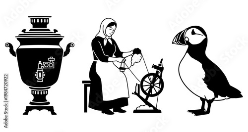 Samovar woman spinning wool against puffin silhouette in simple graphic style