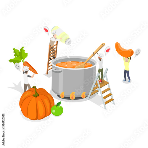 3D Isometric Flat Vector Illustration of Cooking Classes, Chef Preparing Food. Item 2