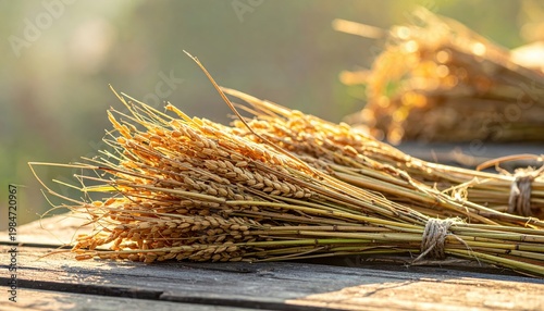 Golden Bundles of Dried Rice Stalks Tied with Natural Fiber, Showcasing the Richness of the Harvest on a Rustic Wooden Surface.