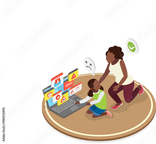 3D Isometric Flat Vector Illustration of Internet Cyber Safety, Parental Control. Item 1