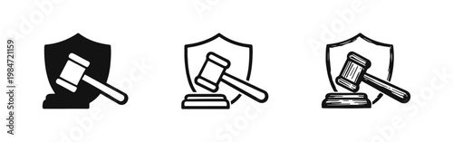 Legal Protection Icon Set - Law Gavel and Shield Vector Illustration