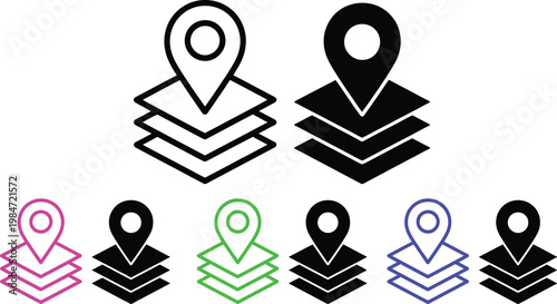 Variations of location pin icons with different colored outlines and stack effects