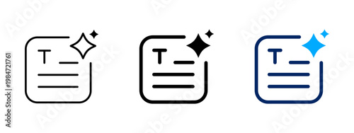 Group of three icons featuring a text document with a letter T and sparkling effects, symbolizing clean text, editing, or formatting.