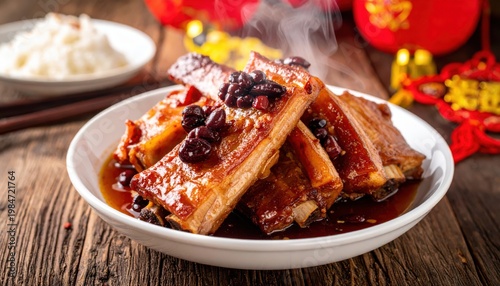 Steamed Pork Ribs with Fermented Black Beans, Glistening in Savory Sauce, Presented for a Festive Feast