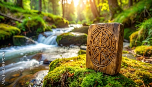 Weathered Wooden Block with Intricate Carved Norse Runes Resting on a Mossy Forest Floor Beside a Flowing Stream