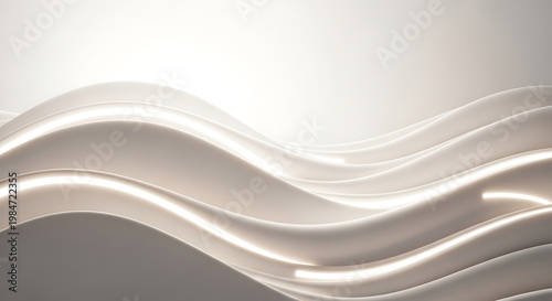 A modern abstract design featuring smooth white wavy lines and soft lighting