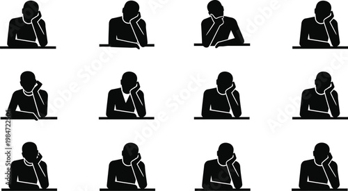 Set of silhouettes showing boredom and waiting with state of mind human behavior silhouette