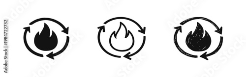 Energy metabolism icon set featuring flame and circular arrows