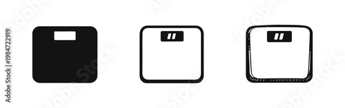 Digital bathroom scale icon set in flat, outline, and hand-drawn styles
