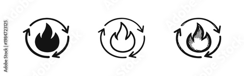 Metabolism cycle icons with flame and arrows in three styles
