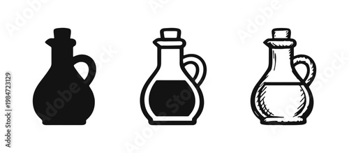 Oil decanter bottle icons in flat, outline, and sketched styles