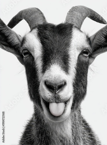 Close-up of a smiling goat with tongue out on white background