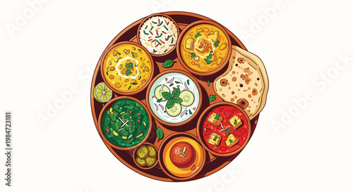 Indian Thali Traditional Food Platter with Various Curries, Naan, and Rice Vector Illustration