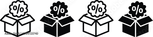 Four boxes each displaying a percentage sign cloud indicating various discount offers