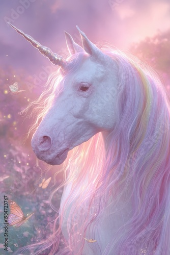 Whimsical unicorn portrait with flowing colorful mane in dreamy twilight landscape