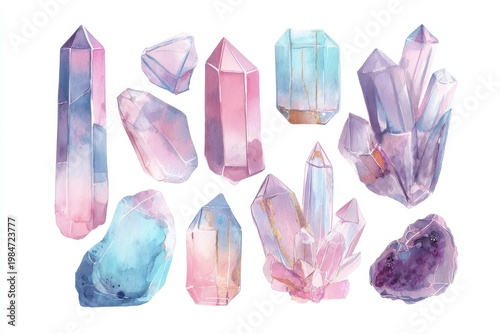 Whimsical watercolor gems: crystal shapes in pale pinks, purples, and aquas, isolated elements