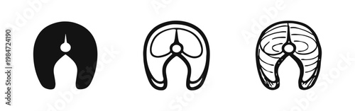 Fish steak icon set in three styles silhouette outline and hand drawn sketch isolated on white background