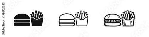 Burger and french fries combo icon set in silhouette outline and hand drawn sketch style isolated on white