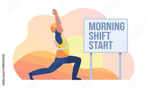 Construction worker in safety vest and hard hat stretching before morning shift start for workplace wellness and injury prevention at site