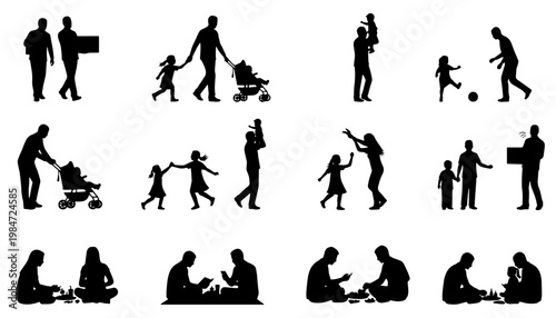 Set of 16 family figures in two styles: black silhouettes and line art. Includes parents with children, walking, playing, carrying kids, stroller, family interaction, and everyday activities. 