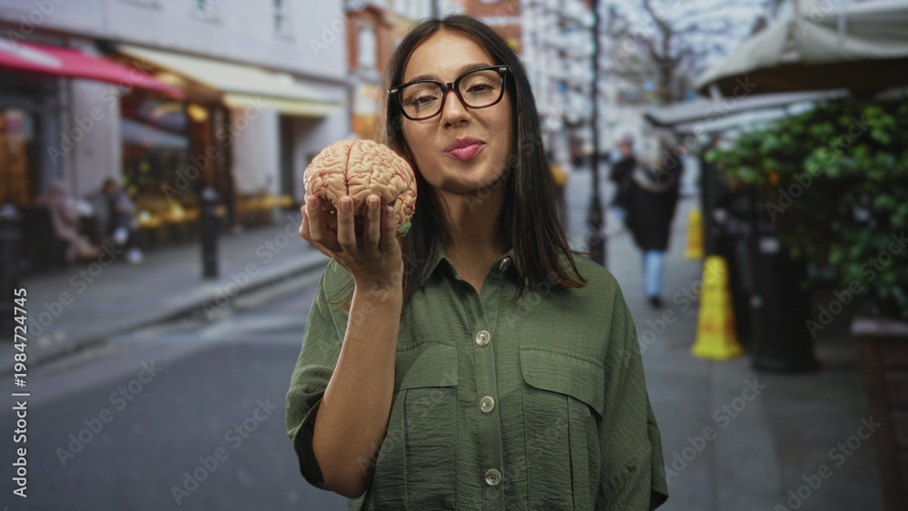 Obraz premium Hispanic woman in glasses holds a brain model in one hand on a busy city street, smiling and offering it toward camera; curiosity insight.