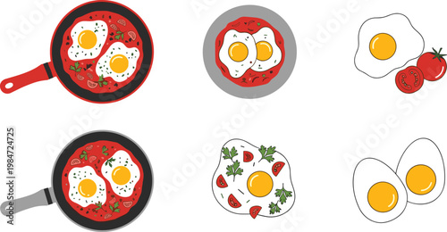 Fried eggs with tomato and herbs set in pan and plate breakfast food vector illustration