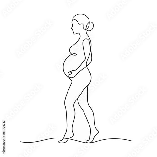 An elegant line drawing depicting a pregnant woman walking gracefully. The woman is shown in profile, with her hands gently cradling her belly