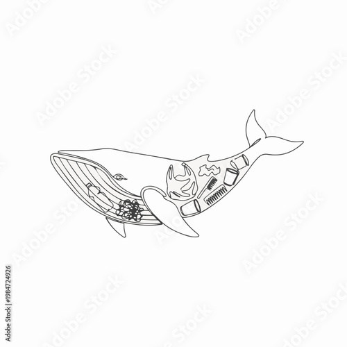 An illustration of a whale filled with trash, highlighting environmental pollution
