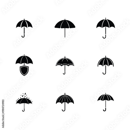 Vector Set of Flat Black Umbrella Icons for Protection, Weather, and Security Concepts