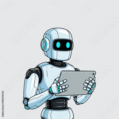 A cartoon robot holding a tablet.