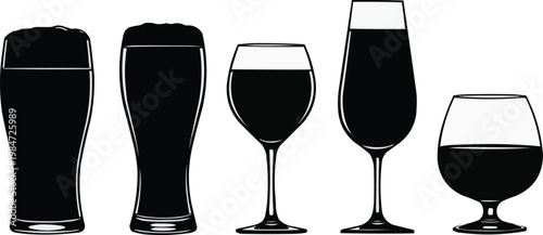 The image shows a graphic illustration of five different types of glasses, each filled with a dark liquid.