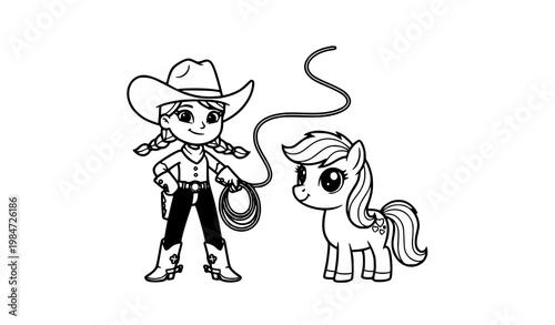 Happy cartoon cowgirl with cute pony vector illustration in playful black and white style