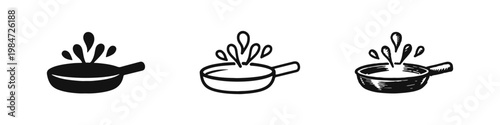 Frying Pan with Sizzling Oil Splashes Icon Set