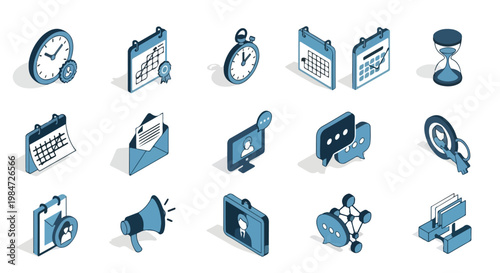 Fifteen isometric blue vector icons representing business management, communication tools, and time scheduling concepts on a clean white background.
