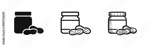 Peanut Butter Jar and Groundnuts Icon Set in Three Styles