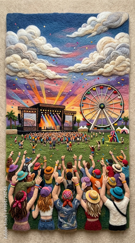 Needle felted wool art of a colorful music festival with crowd stage and ferris wheel at sunset