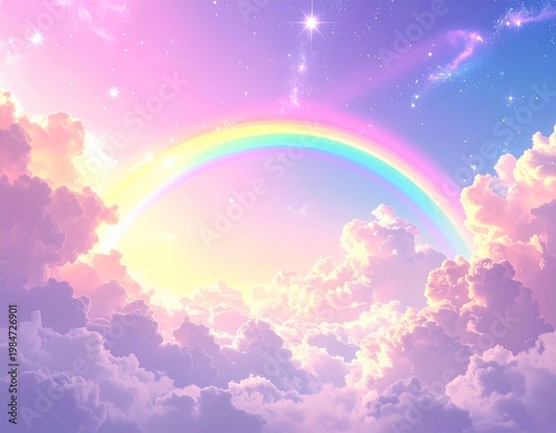Pastel Rainbow Over Dreamy Cloudscape With Sparkling Stars and Soft Ethereal Background