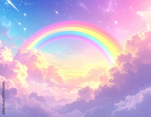 Pastel Rainbow Over Dreamy Cloudscape With Sparkling Stars and Soft Ethereal Background