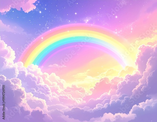 Pastel Rainbow Over Dreamy Cloudscape With Sparkling Stars and Soft Ethereal Background