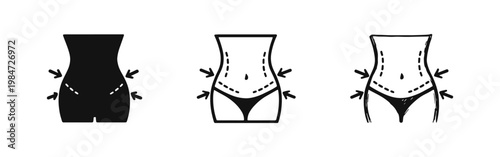 Body Contouring and Hip Slimming Icon Set with Female Hips and Compression Arrows