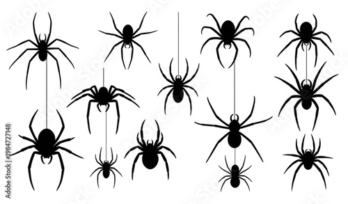 Set of Black Spider Silhouettes Hanging from Webs for Halloween, Spooky Decorations, and Creepy Illustrations